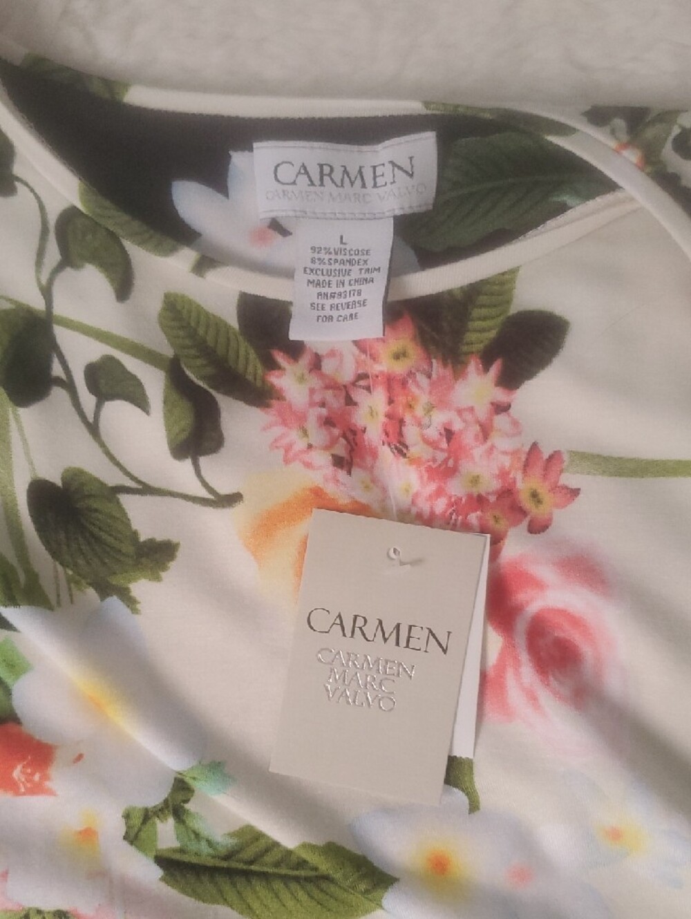 Carmen Marc Valvo Floral Short Sleeve Top - White/Green/Pink - Picture 4 of 5